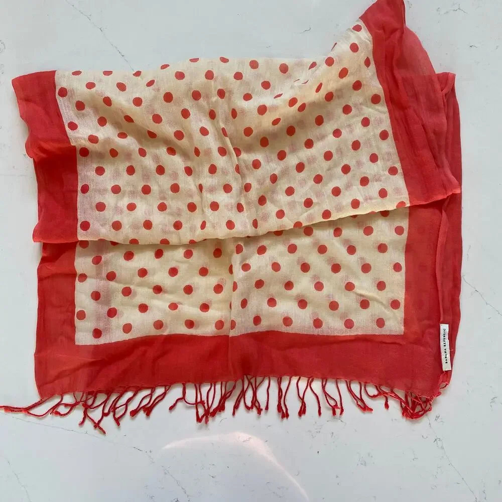 Banana Republic Salmon/Coral Polka Dots‎ on Ivory Long Fringed Scarf